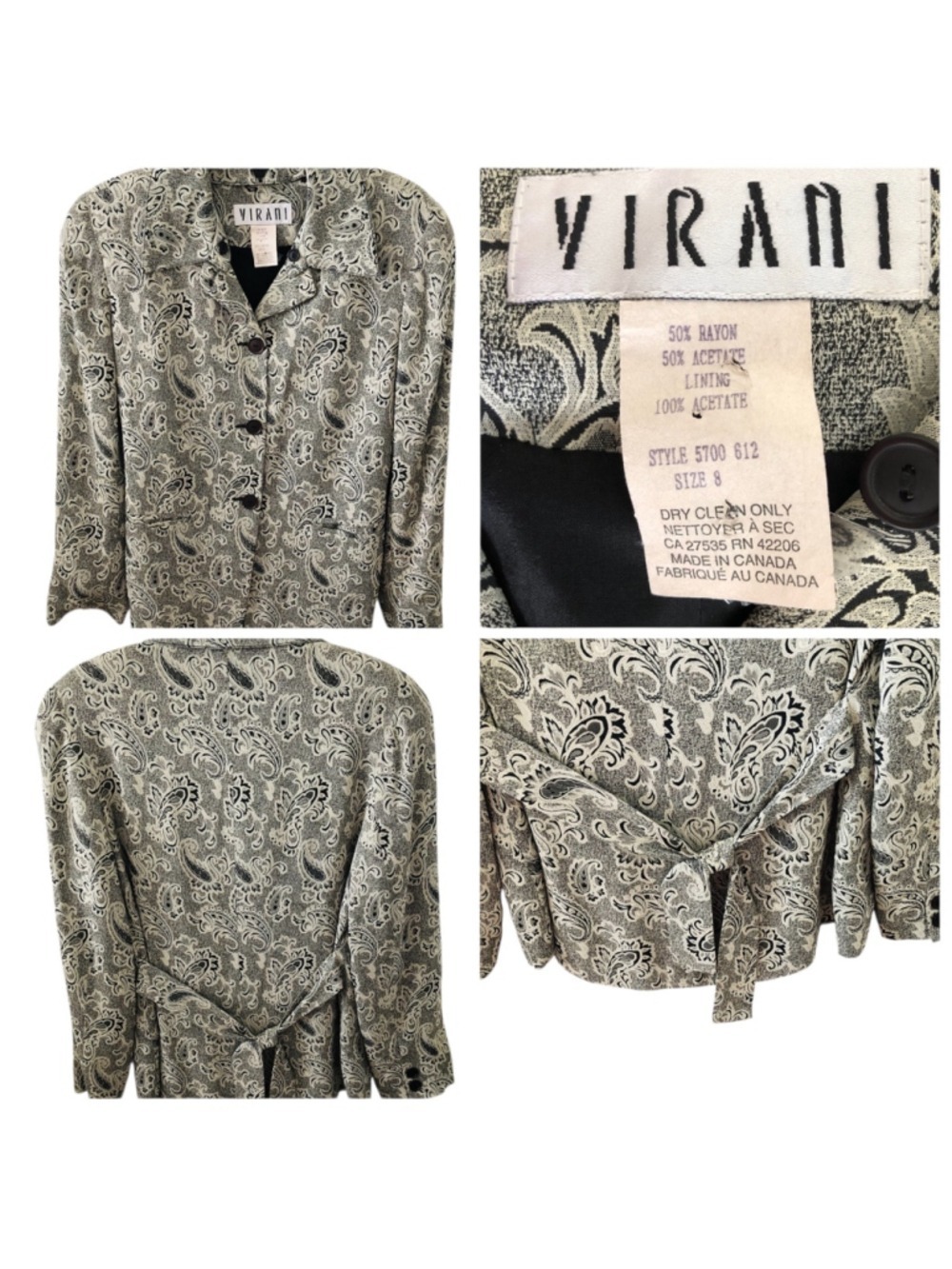Vintage Virani 3 Pc Suit Size 8 Paisley 2 Way Jacket Top Pencil Skirt Canada
